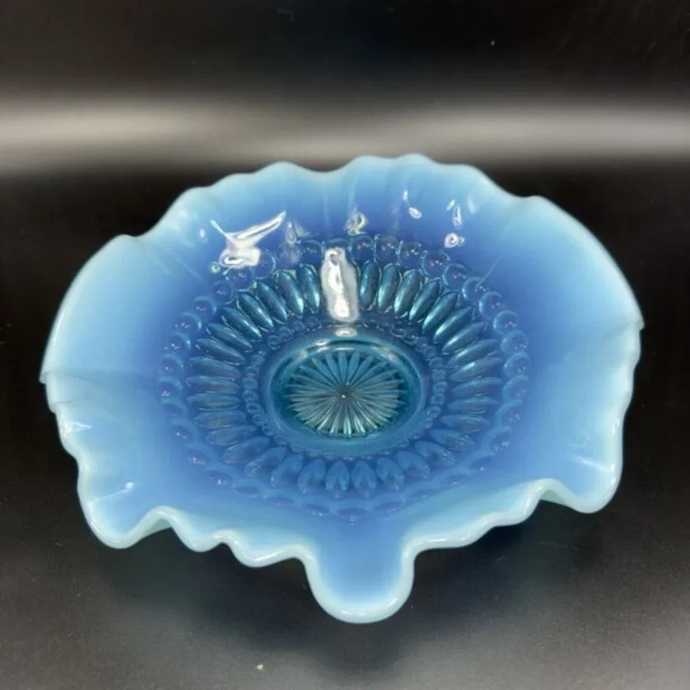 Vintage Opalescent Aqua Blue Scalloped‎ Edge Depression Glass Dish Bowl 8inch